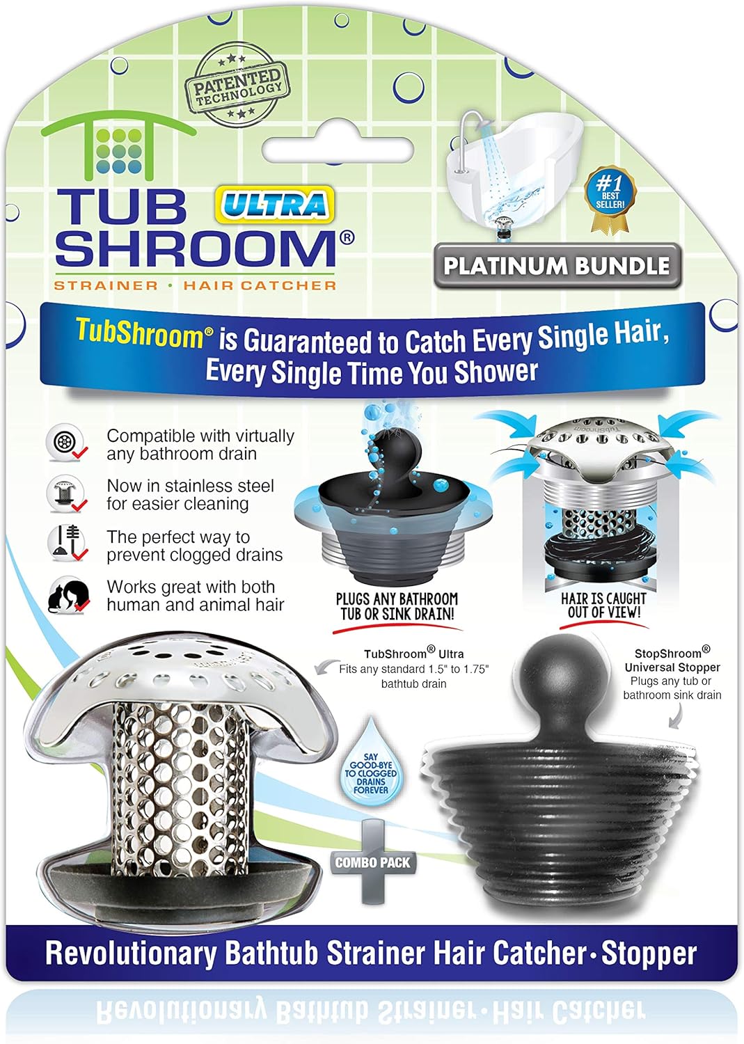 TubShroom Ultra Revolutionary Bath Tub Drain Protector Hair Catcher/Strainer/Snare, Stainless Steel, Stainless Combo ? ? ? ? ?