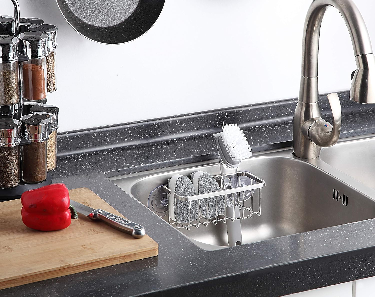 SunnyPoint NeverRust Deluxe Kitchen Sink Suction Holder for Sponges, Scrubbers, Soap, Kitchen, Bathroom, 304 Stainless Steel (Brushed Texture, 7.4 x 3.3 x 2.75 Inch)(Sponge & Brush NOT Included) ? ? ? ? ? - Image 2