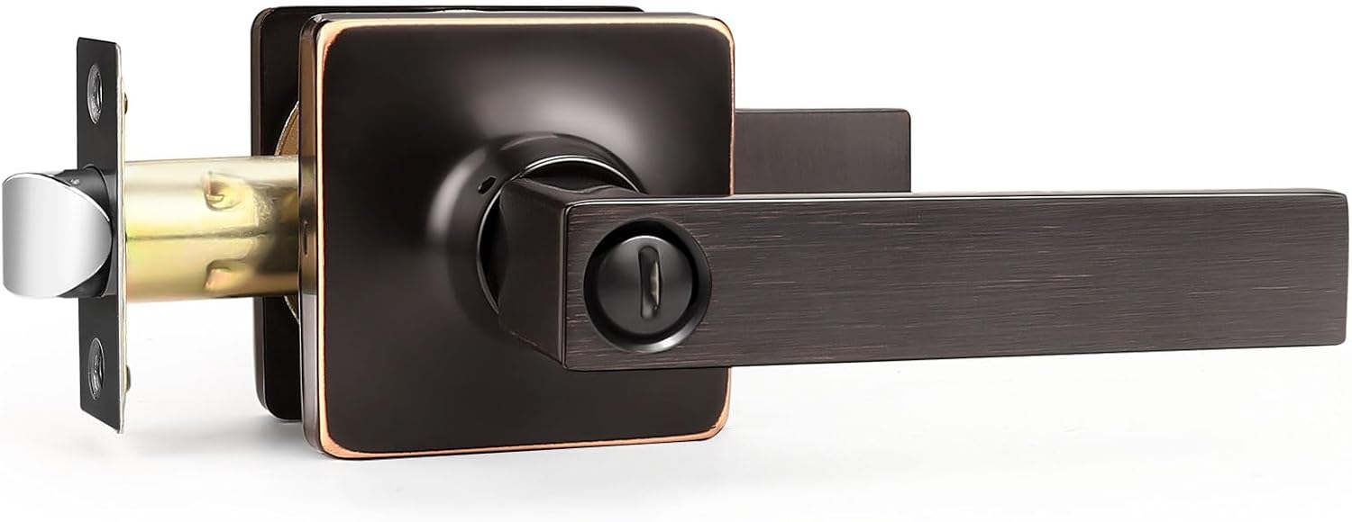 GOBEKOR 1 Pack Privacy Door Handles Oil Rubbed Bronze Square Lever Door Handles Interior Door Knobs Door Locks Straight Door Handles