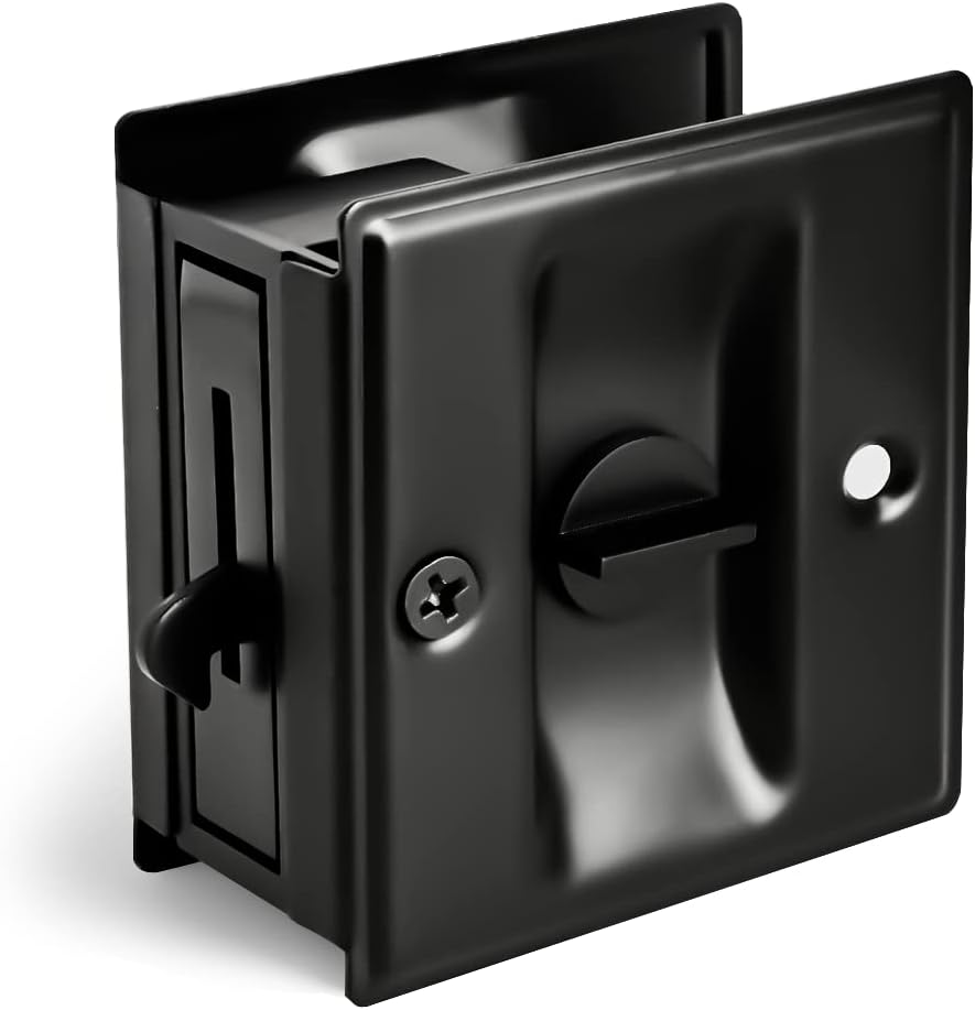 HOMOTEK Privacy Sliding Door Lock with Pull - Replace Old Or Damaged Pocket Locks Hardware Quickly and Easily, 2-3/4?x2-1/2?, for 1-3/8? Thickness Door, Black