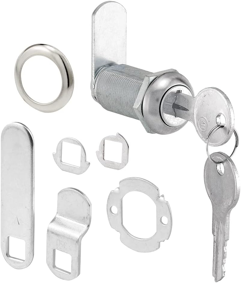 Prime-Line U 9950KA Diecast Keyed Alike Drawer and Cabinet Lock ? 3 Cams, Trim Collar, 2 Washers, 2 Keys and Fasteners ? 1-3/8 in. Length for 1 in. Max Panel Thickness, Stainless Steel (1 Set) - Image 4