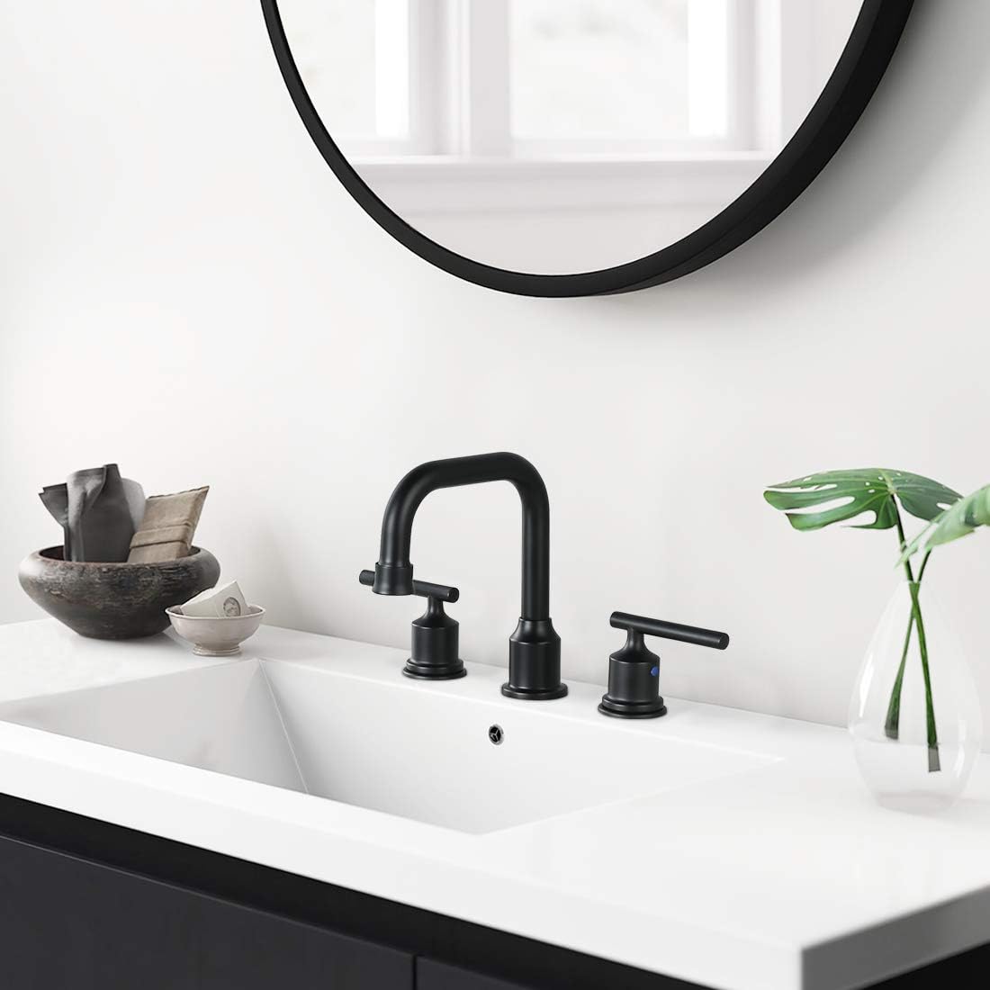 WOWOW Two Handles Widespread 8 inch Bathroom Faucet Black 3 Pieces Basin Faucets 360 Degree Swivel Spout Lavatory Sink Faucet - Image 2