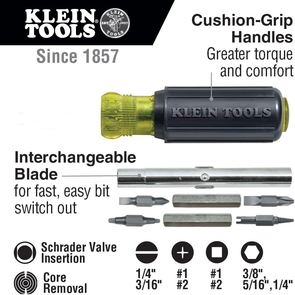 Klein Tools 80065 Schrader Driver Kit with Multi-Bit 11-in-1 Screwdriver / Nut Driver and 2-in-1 Nut Driver, Hex Head Slide Drive, 2-Piece - Image 2