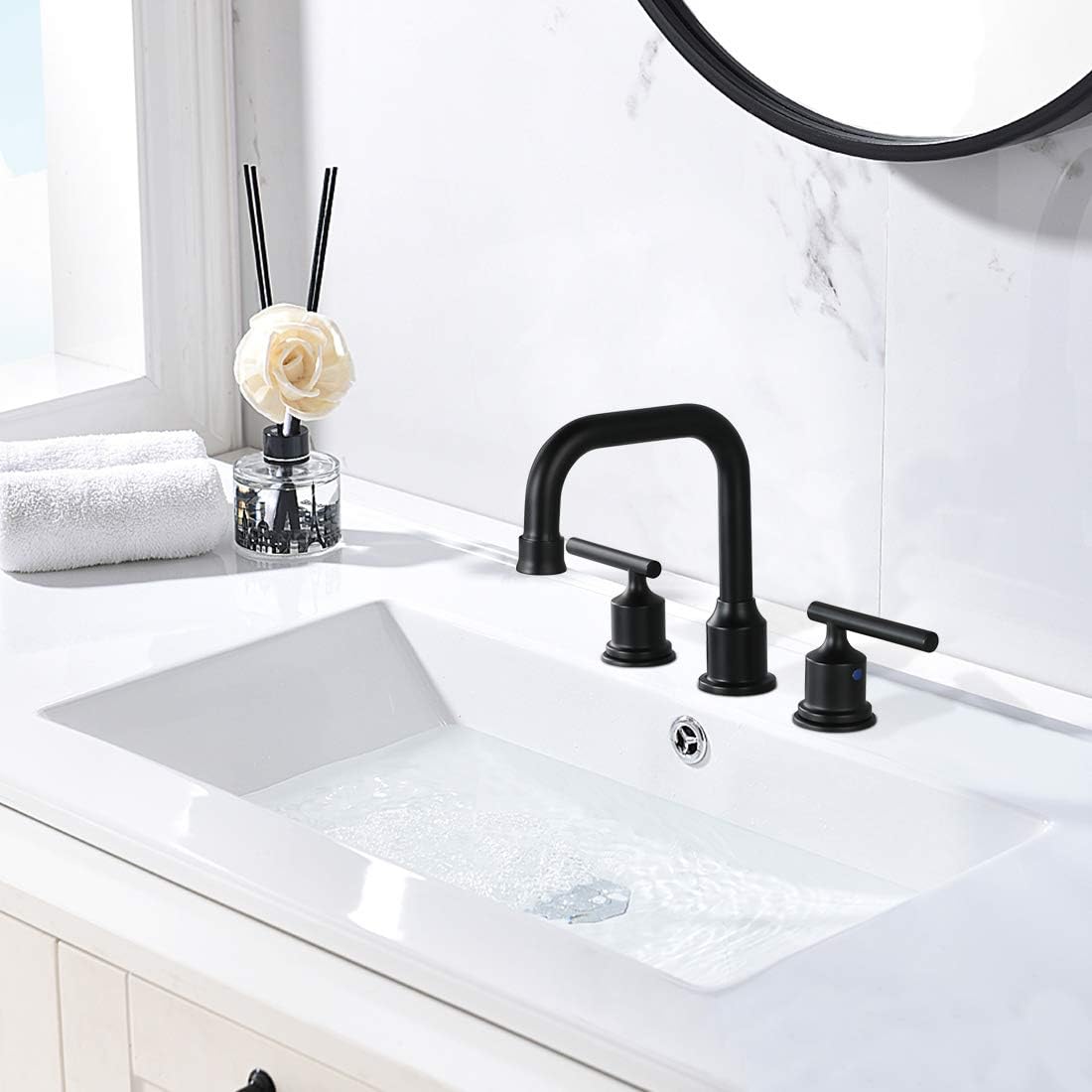 WOWOW Two Handles Widespread 8 inch Bathroom Faucet Black 3 Pieces Basin Faucets 360 Degree Swivel Spout Lavatory Sink Faucet - Image 4