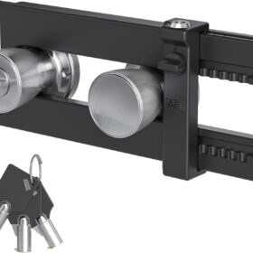 AST Double Door Security Lock, French Door Lockout Device with Keys, Reinforcement Lock for Knobset and Handleset, Prevent Kick Ins, Kids Proof Barricade, Matte Black with snib and Cylinder
