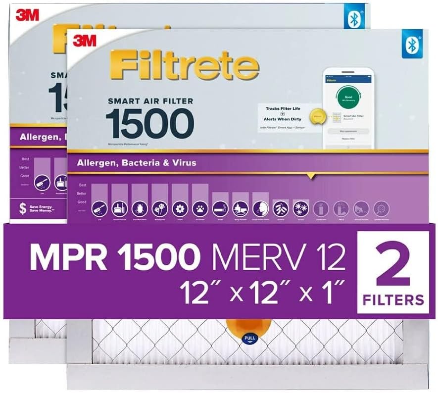 Filtrete 12x12x1 AC Furnace SMART Air Filter, MERV 12, MPR 1500, Track Filter Life With Bluetooth Enabled Sensor, CERTIFIED asthma & allergy friendly, 2-Pack (Actual Size 11.84x11.84x1 in)
