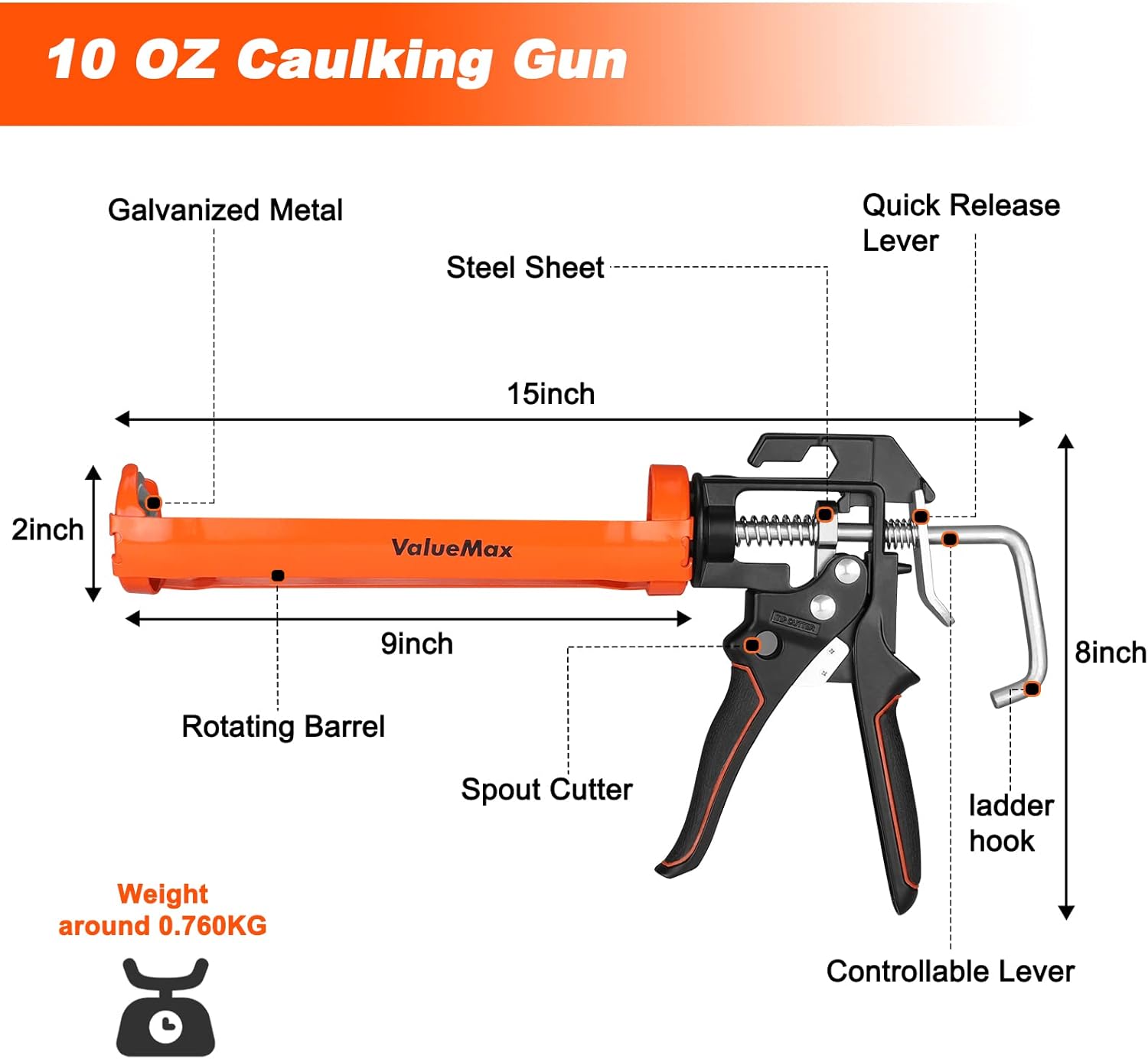 ValueMax Caulk Gun, 9 Inch Silicone Sealant Caulking Gun for Caulking/Filling/Sealing, Trigger Comfort Grip and Iron Smooth Rod, Ideal for Tiles, Window Joints, 8:1 Thrust Ratio - Image 2
