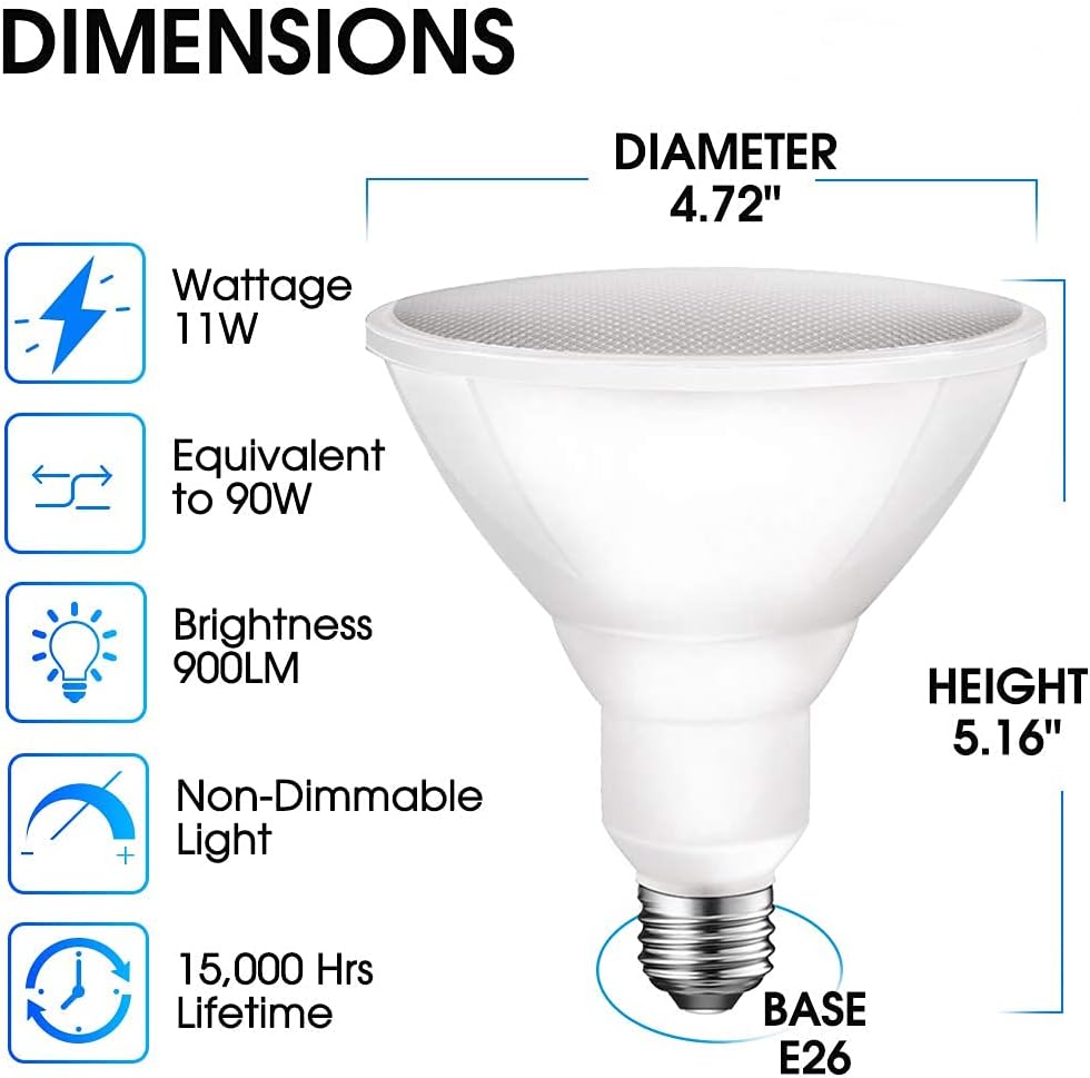 Energetic PAR38 LED Flood Outdoor Light Bulb, 3000K Warm White, 90W Equivalent (11 Watt), 900 Lumens, E26 Base, Non-Dimmable, Wet Rated, UL, 6 Pack - Image 2