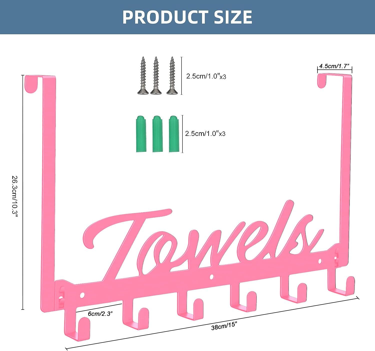 Over The Door Hooks, Towel Hook Towel Rack for Bathroom Towel Holder for Hanging Heavy Duty, Wall Mount Towel Hanger with 6 Hooks for Bedroom Bathroom Kitchen Towels, Bag, Coats, Hats(Pink) - Image 2