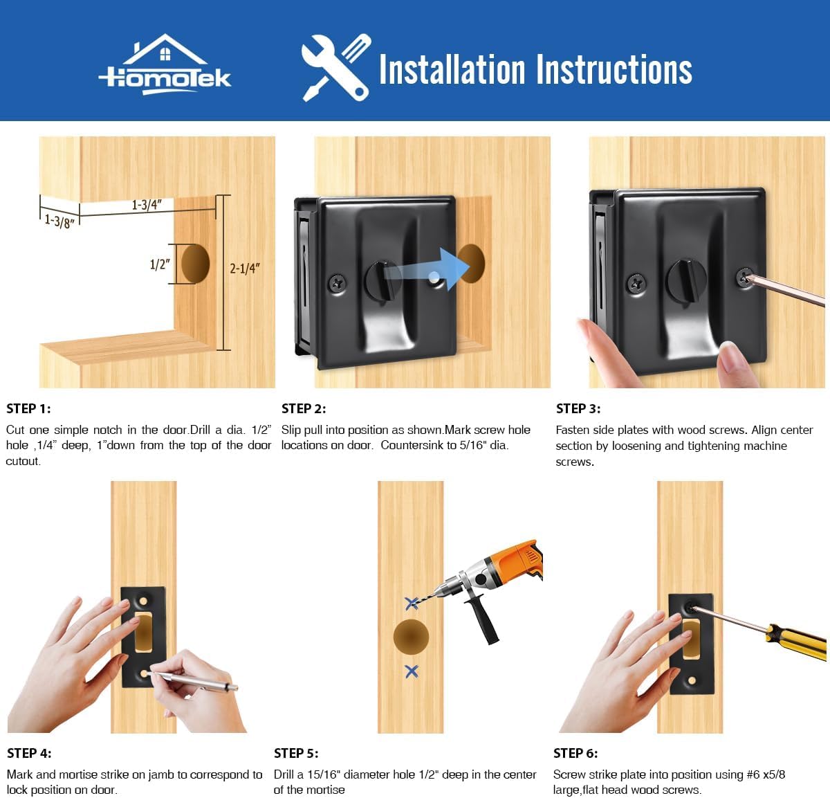 HOMOTEK Privacy Sliding Door Lock with Pull - Replace Old Or Damaged Pocket Locks Hardware Quickly and Easily, 2-3/4?x2-1/2?, for 1-3/8? Thickness Door, Black - Image 5