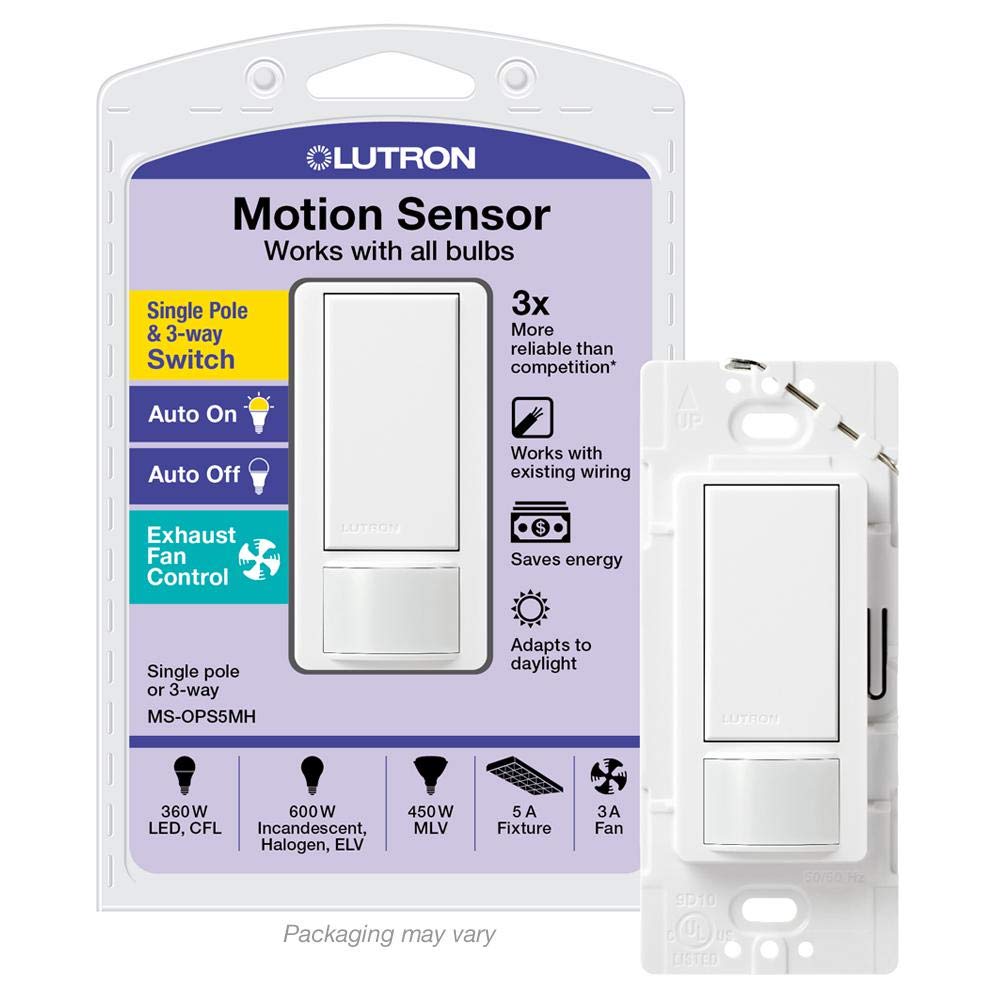 Lutron MS-OPS5M-WH Maestro Motion Switch for Bathroom, Garage, Laundry Room, and Closet, for Any Light Bulbs, Occupancy and Vacancy Sensor, Single-Pole Only, No Neutral Required, 1 pack, White