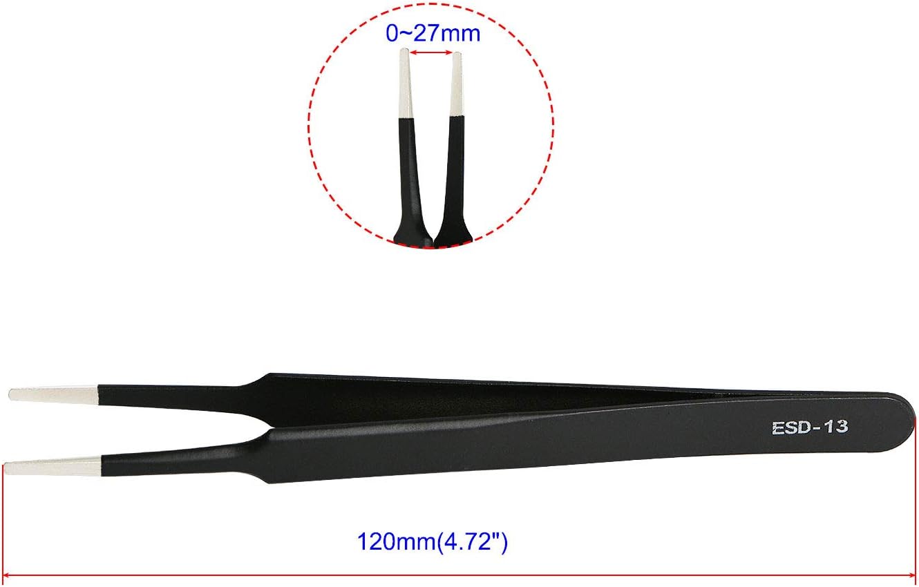 Aoje-Link ESD-13 Professional Anti-Static Precision Technology Tweezers, Non-magnetic Flat and Round, Stainless Steel Plastic Coated, Full Length 120mm, Black, 2pcs - Image 2
