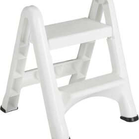 Rubbermaid Two-Step Folding Foot Stool, 14-Inch High, White, 300 Pound Capacity, Small Step Stool for Adults/Kids for Use in Library/Kitchen/Bathroom/Garage/Closet