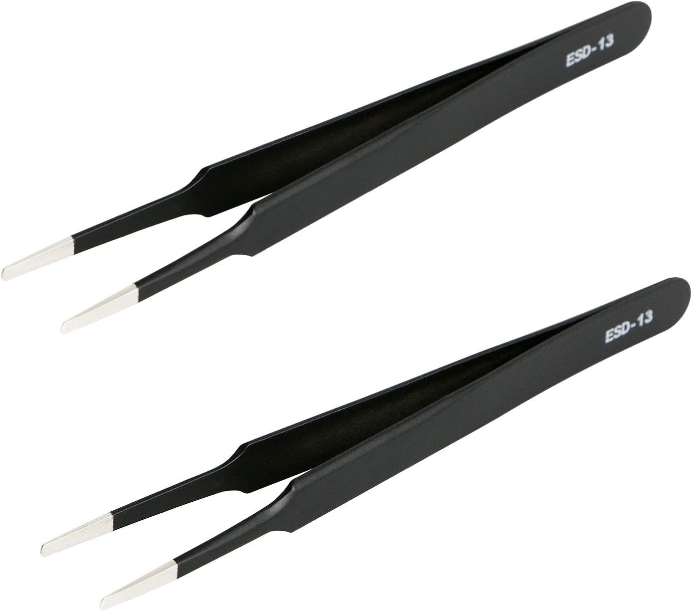 Aoje-Link ESD-13 Professional Anti-Static Precision Technology Tweezers, Non-magnetic Flat and Round, Stainless Steel Plastic Coated, Full Length 120mm, Black, 2pcs