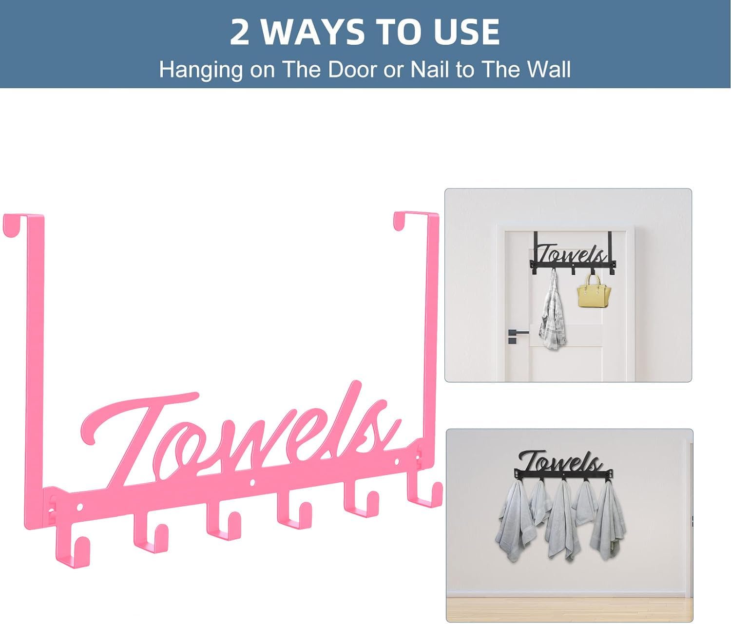 Over The Door Hooks, Towel Hook Towel Rack for Bathroom Towel Holder for Hanging Heavy Duty, Wall Mount Towel Hanger with 6 Hooks for Bedroom Bathroom Kitchen Towels, Bag, Coats, Hats(Pink) - Image 3