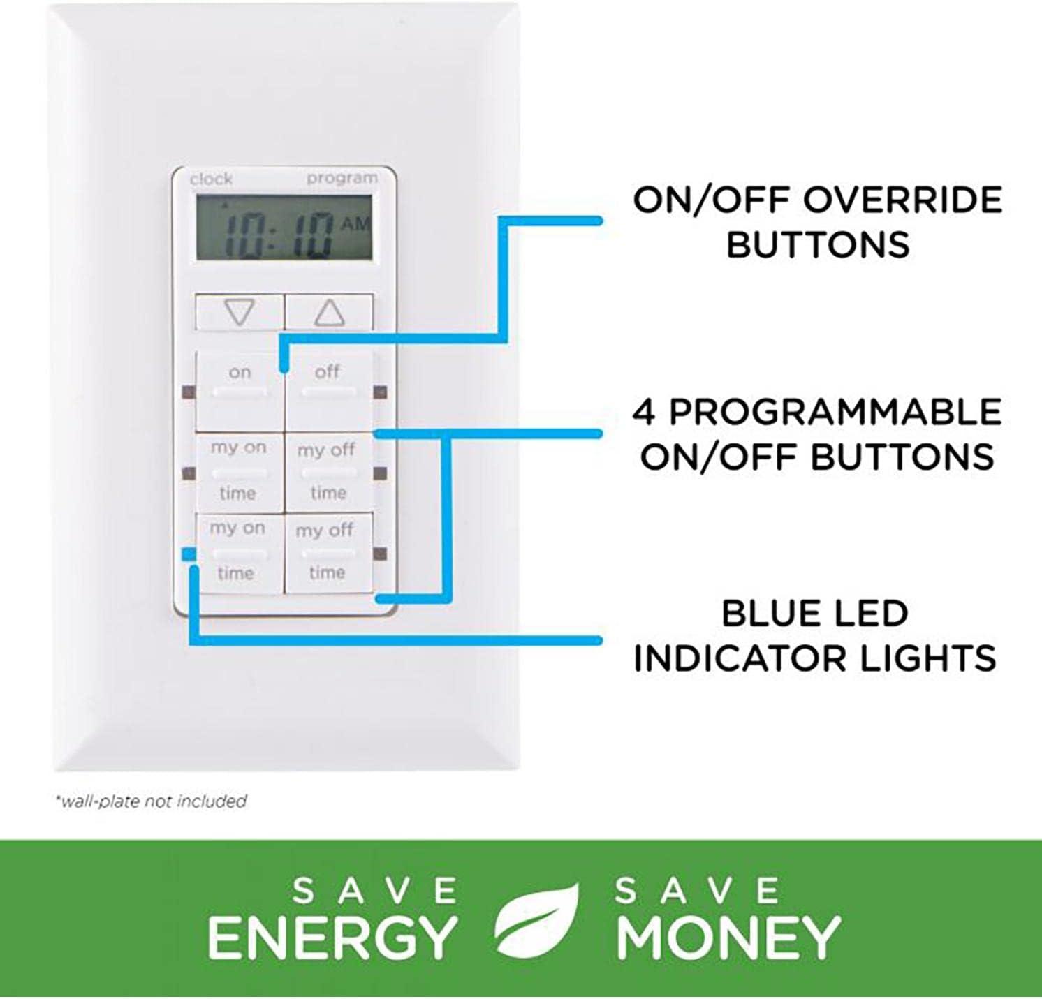 myTouchSmart In-Wall Digital Timer, 4 Programmable On/Off Buttons, 2 Easy On/Off Buttons, 24 Hour Daily Cycles, Blue LED Indicators, with Battery Backup, for Indoor/Outdoor Lights, Fans, 26893 - Image 4