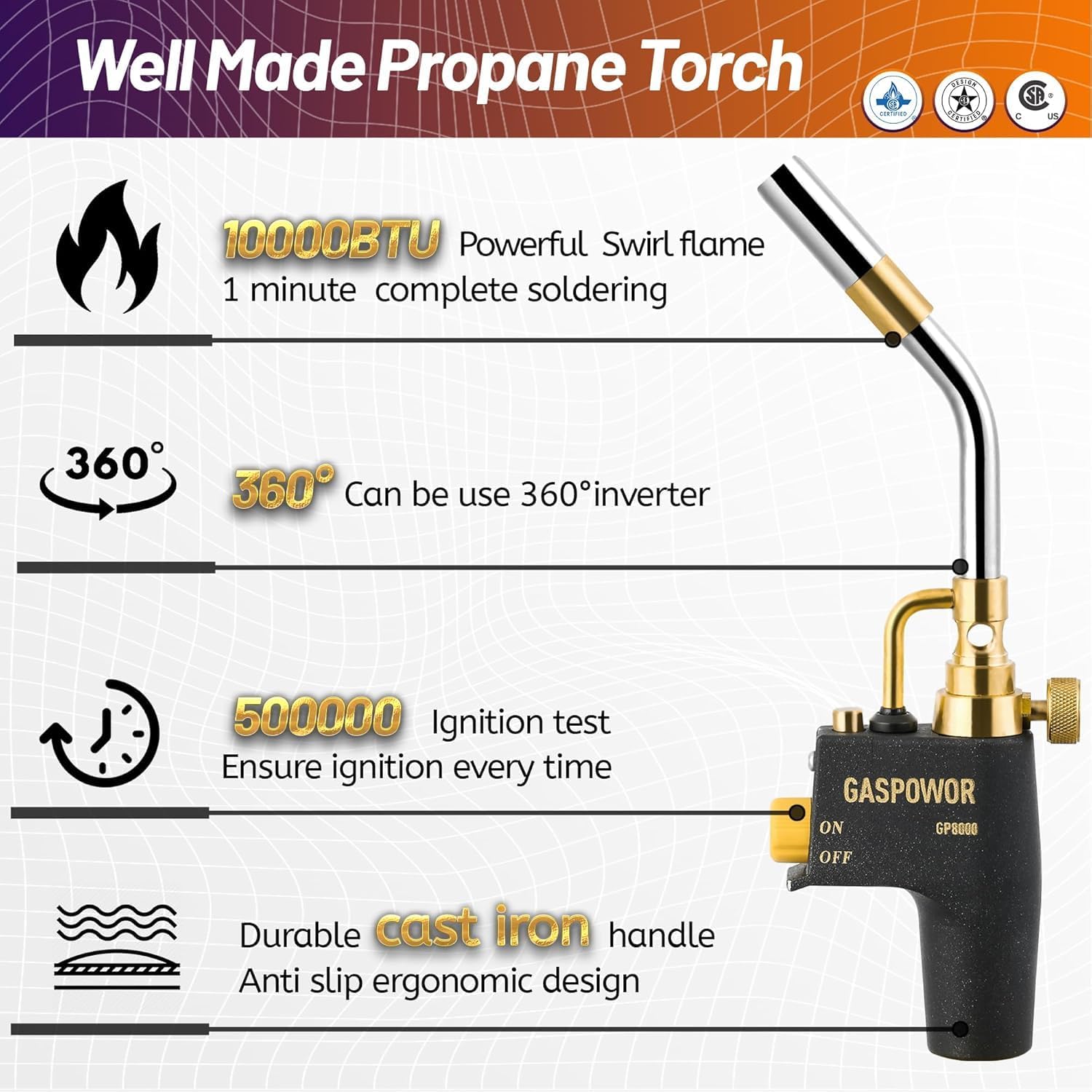 High Intensity Propane Torch Head Fuel by Propane,MAPP,MAP PRO,Turbo Torch Kit,Welding Torch,Trigger Start Mapp Gas Torch Kit with Igniter,Propane torch,Blow Torch(CSA Certified, Fuel Not Included) - Image 3