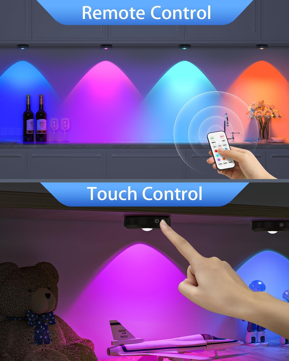 WILLED Rechargeable RGB Puck Lights with Remote Control, 1200mAh Battery Operated Tap Lights, Dimmable Touch Under Cabinet Lighting, Wireless Push Lights, LED USB Shelf Light (6 Pack) - Image 4
