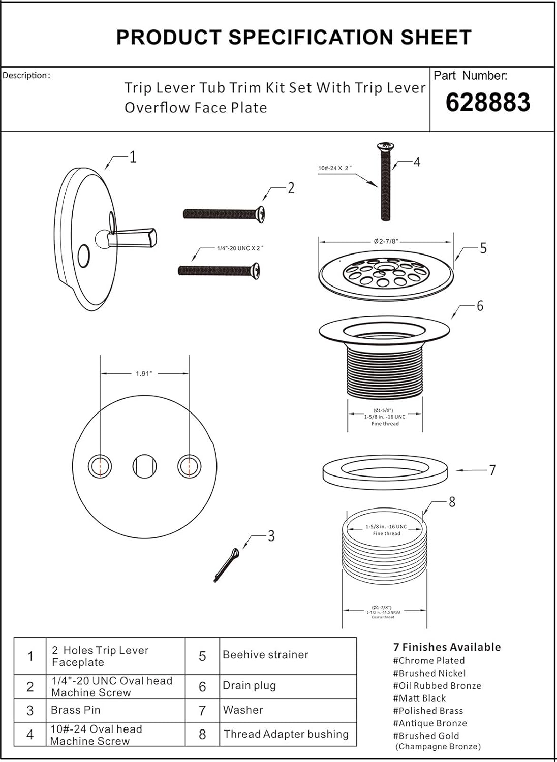 Artiwell Trip Lever Tub Trim Kit Set With Trip Lever Overflow Face Plate, Trip Lever Bathtub Drain with Strainer, Overflow and Matching Screws (CHROME PLATED) - Image 3