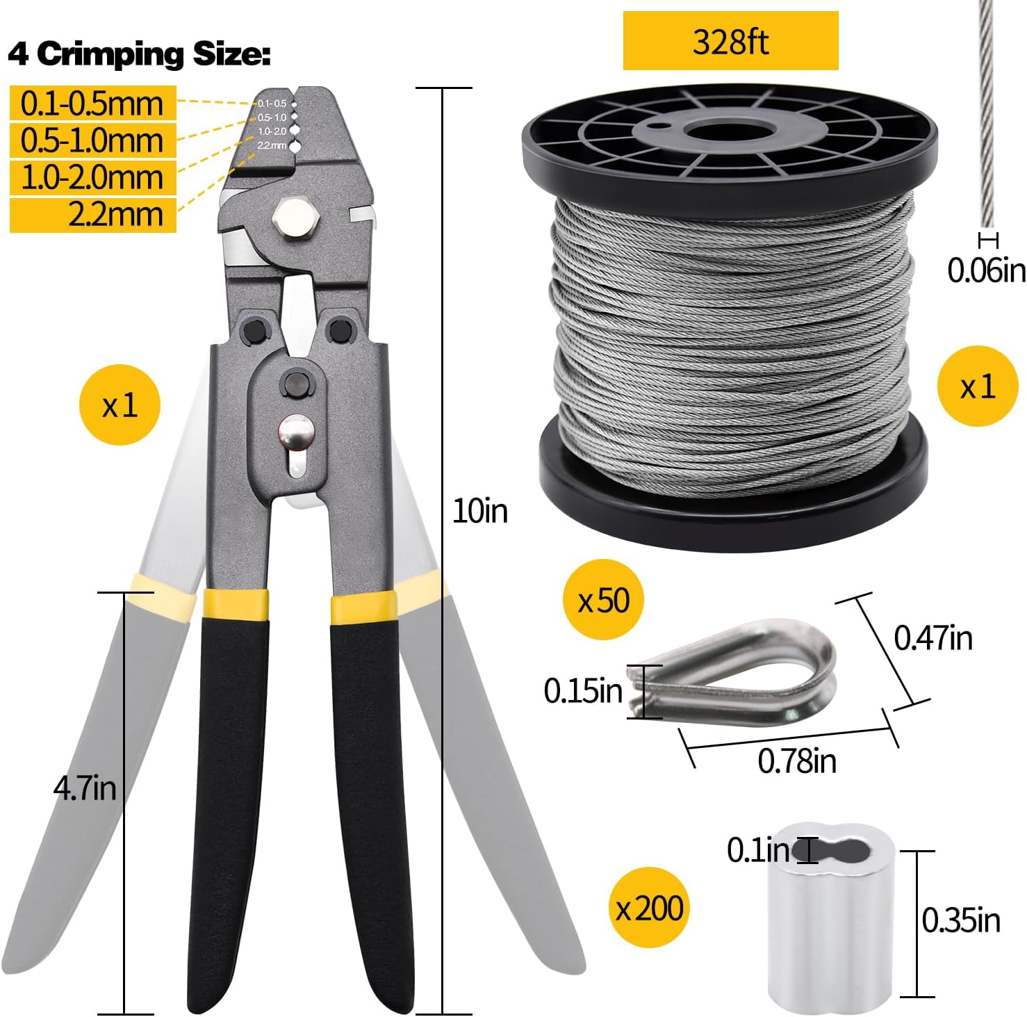 328ft Wire Rope Crimping Tool Kit, Stainless Steel Wire Rope Cable with Aluminum Crimping Sleeves and Stainless Steel Thimbles for Railing, Decking, Picture Hanging (328ft) - Image 2