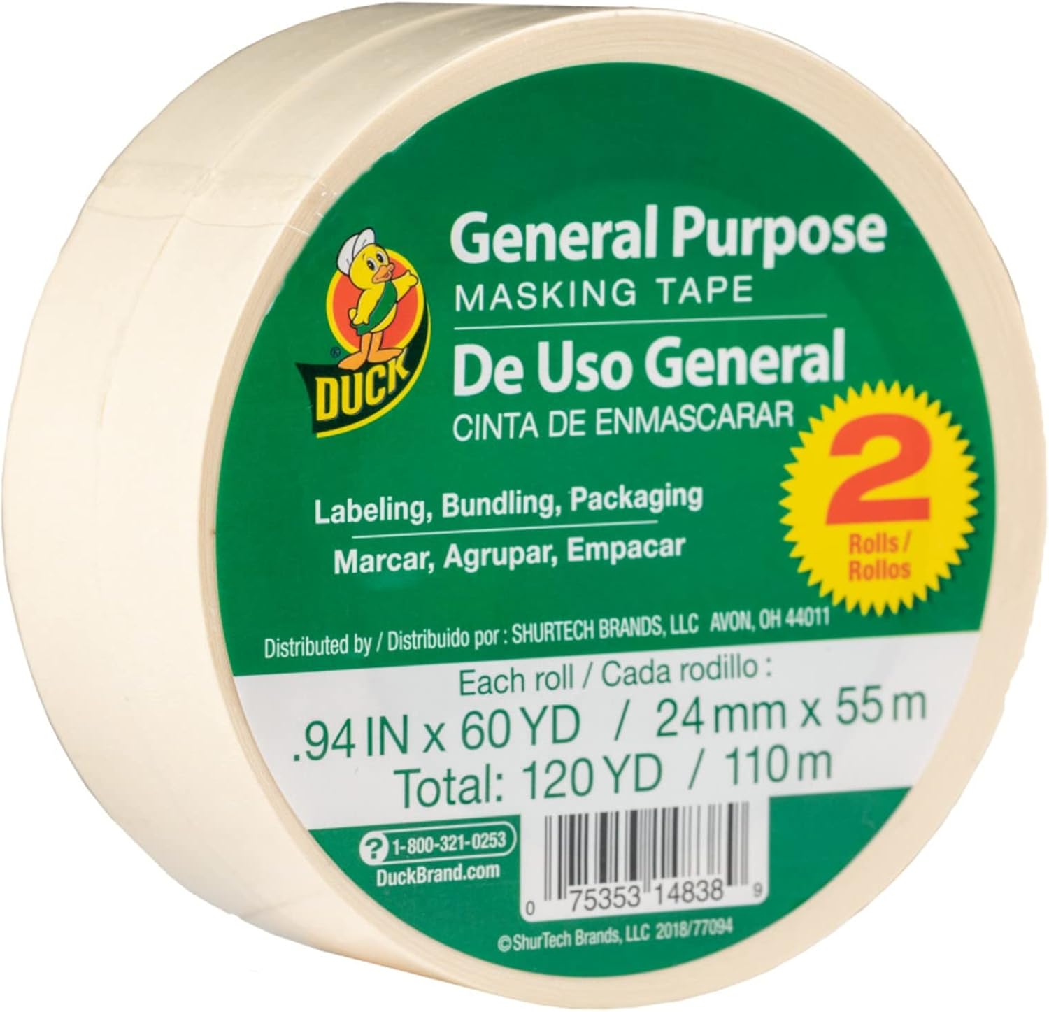 Duck Brand General Purpose Masking Tape - Beige, 0.94 in. x 60 yd., 2-Pack (241577)