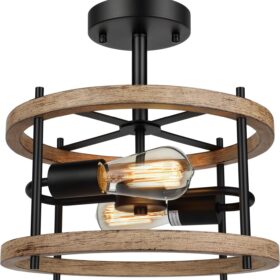 Lakumu 2-Light Retro Semi Flush Mount Ceiling Light Fixture, Rustic Vintage Wood Ceiling Light Black Metal, Industrial Farmhouse Ceiling Lamp for Hallway Entryway Bedroom Balcony Farmhouse Dining Room