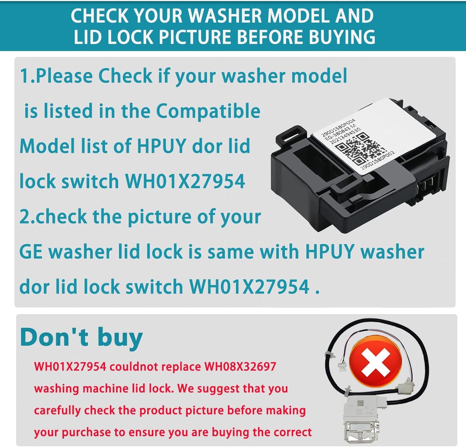 WH01X27954 Washer Lid Lock Switch Compatible with GE Washer Lid Lock Switch and Hotpoint Washer Lid Lock Switch Replace 290D1580P004 290D1580P002 EG-380843M WH01X26114 WH01X24114 - Image 2