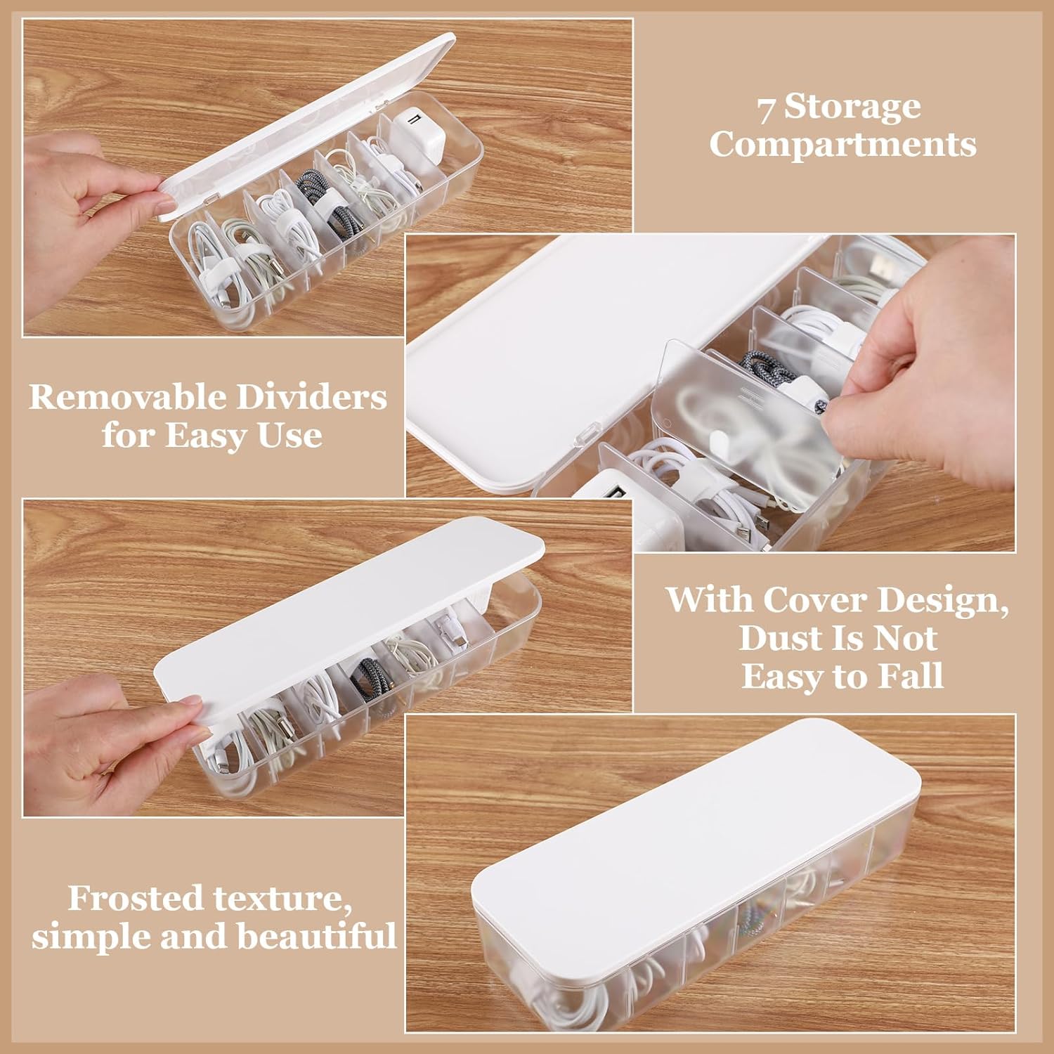 Cable Organizer Box with Lid, 3 Pcs Cable Cord Storage Organizer Box with 21 Wire Ties 54 Cable Labels, 7 Compartments Charger Organizer for Office Drawer Desk Accessories Case - Image 4