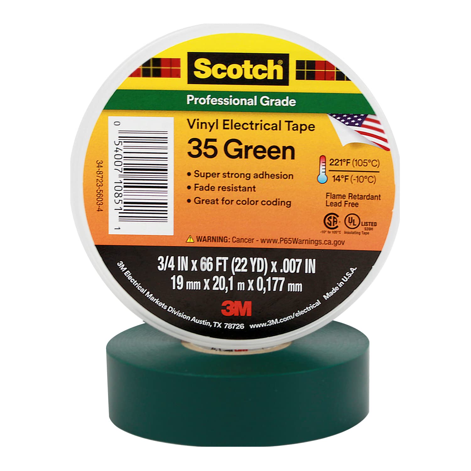 Scotch Vinyl Color-Coding Electrical Tape 35, Green Color, Professional Grade, Non Corrosive, Rubber-Based Adhesive, 3/4 in x 66 ft - Image 2