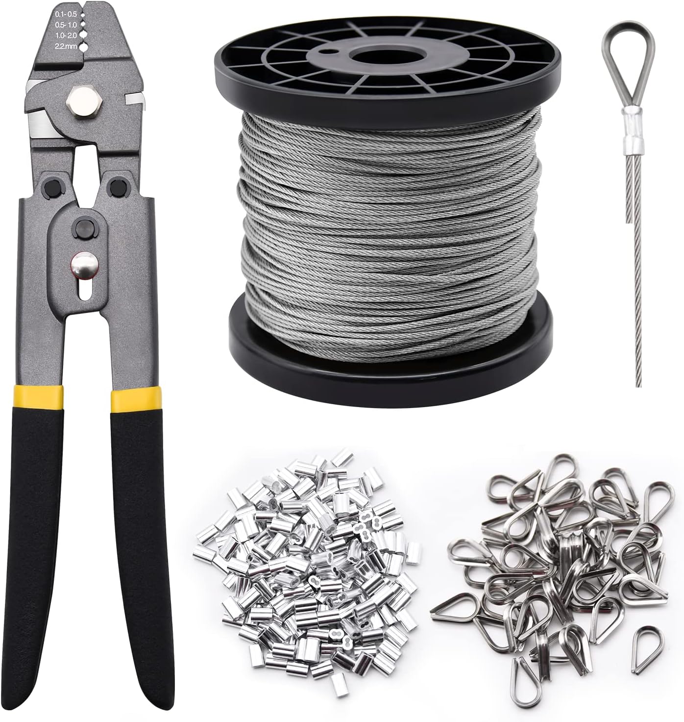 328ft Wire Rope Crimping Tool Kit, Stainless Steel Wire Rope Cable with Aluminum Crimping Sleeves and Stainless Steel Thimbles for Railing, Decking, Picture Hanging (328ft)