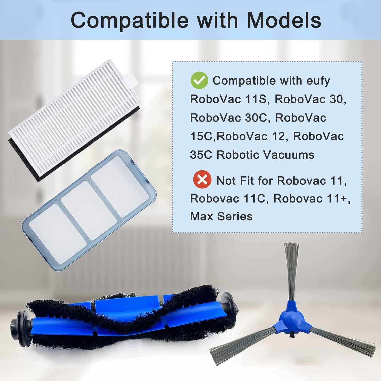 RoboVac 11S Replacement Part Compatible for Eufy RoboVac 11S, 15C, 30, 30C, 12, 35C, 25C, 15T Robotic Vacuums, 3 Rolling Brushes, 12 Filter Sets, 12 Side Brushes, 1 Rolling Brush Guard, 2 Pre Filters - Image 2