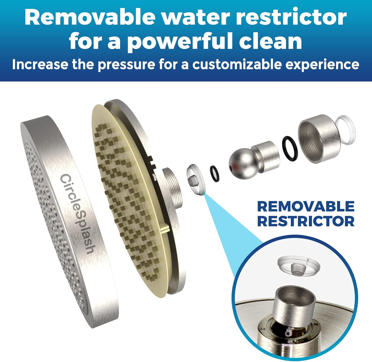 High Pressure Shower Head - Anti-Clogging Silicone Nozzles - 2.5 GPM Removable Restrictor - Easy to Clean Adjustable Replacement - easy to install with Plumbers Tape - 6 inch - Brushed Nickel Finish - Image 3