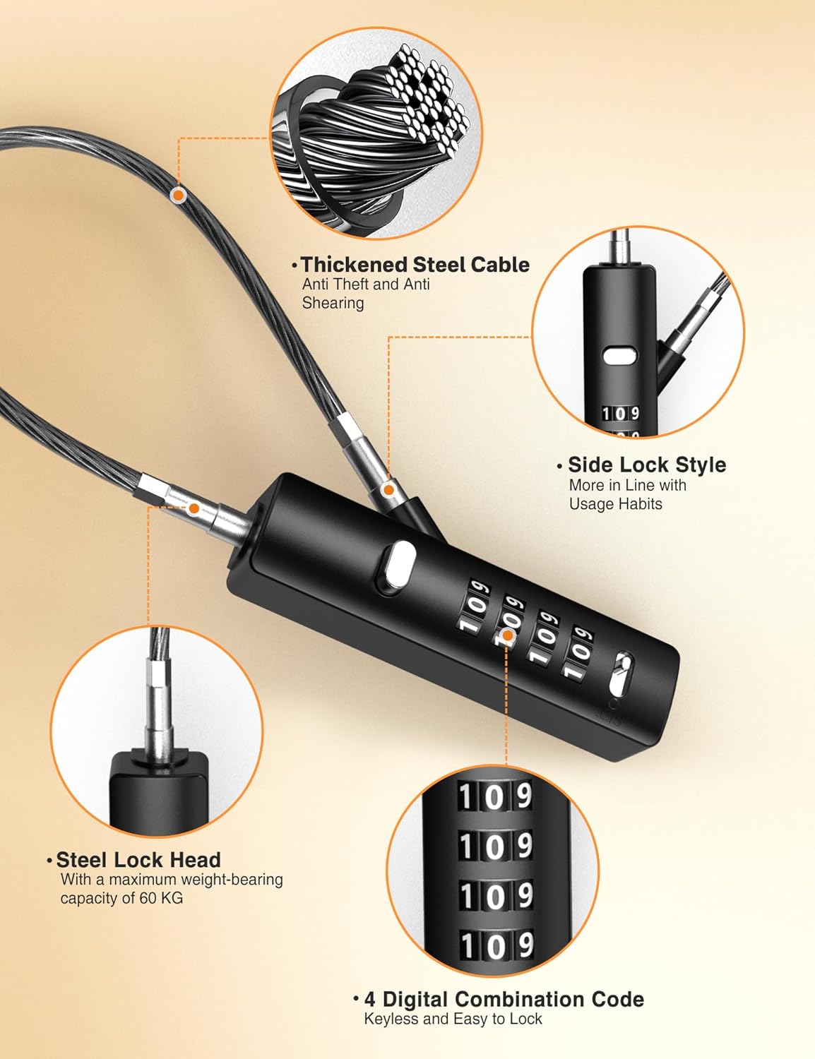 Combination Cable Lock, Small Portable Wire Lock, with 3 Replaceable Steel Ropes (9?? / 23.6?? / 47.2??), Rope Lock for Cabinet, Bike, Luggage, Gate, Door, Fence, (Black, 1 Pack) - Image 5