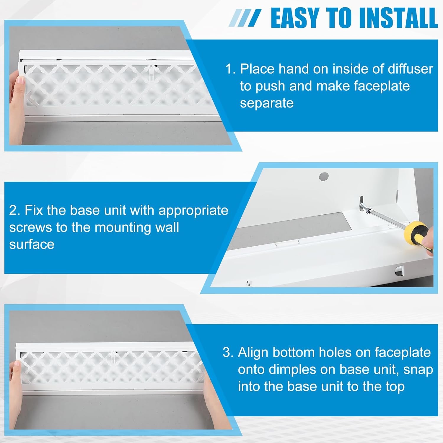 Blulu 2 Pack 15 Inch Baseboard Register Duct Opening Size Modern Design Vent Covers for Home Floor Wall Baseboard Air Covers Supply Floor Baseboard Diffuser Including Screws(White) - Image 4