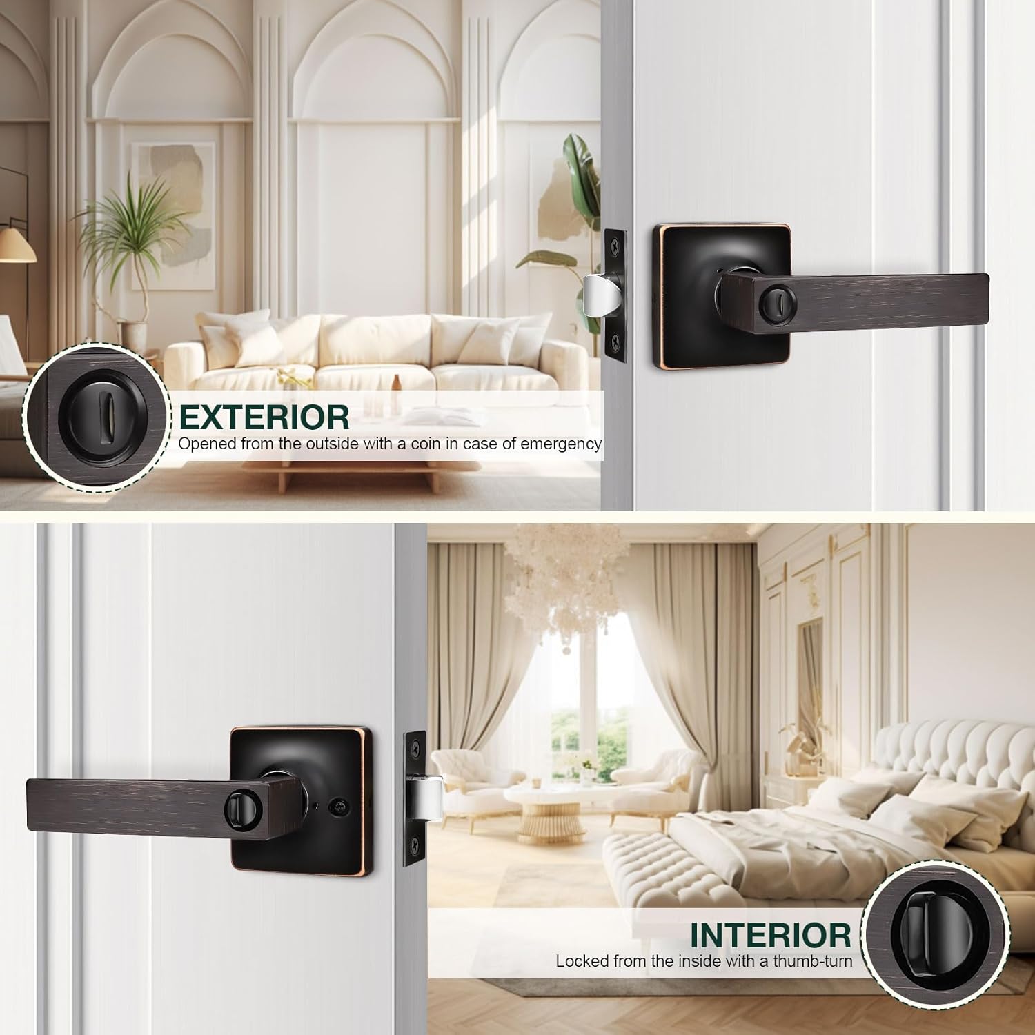 GOBEKOR 1 Pack Privacy Door Handles Oil Rubbed Bronze Square Lever Door Handles Interior Door Knobs Door Locks Straight Door Handles - Image 4