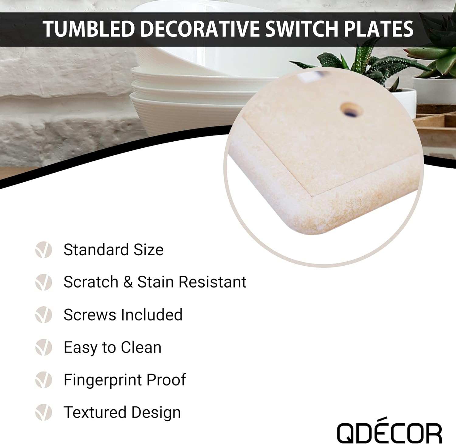 Questech Decor Light Switch Covers, Single Rocker Wall Plates for Electrical Outlets, 1-Gang Single Decorator GFCI Switch Plates Standard Size, Decorative Tumbled Texture, Sand, 3 Pack - Image 3