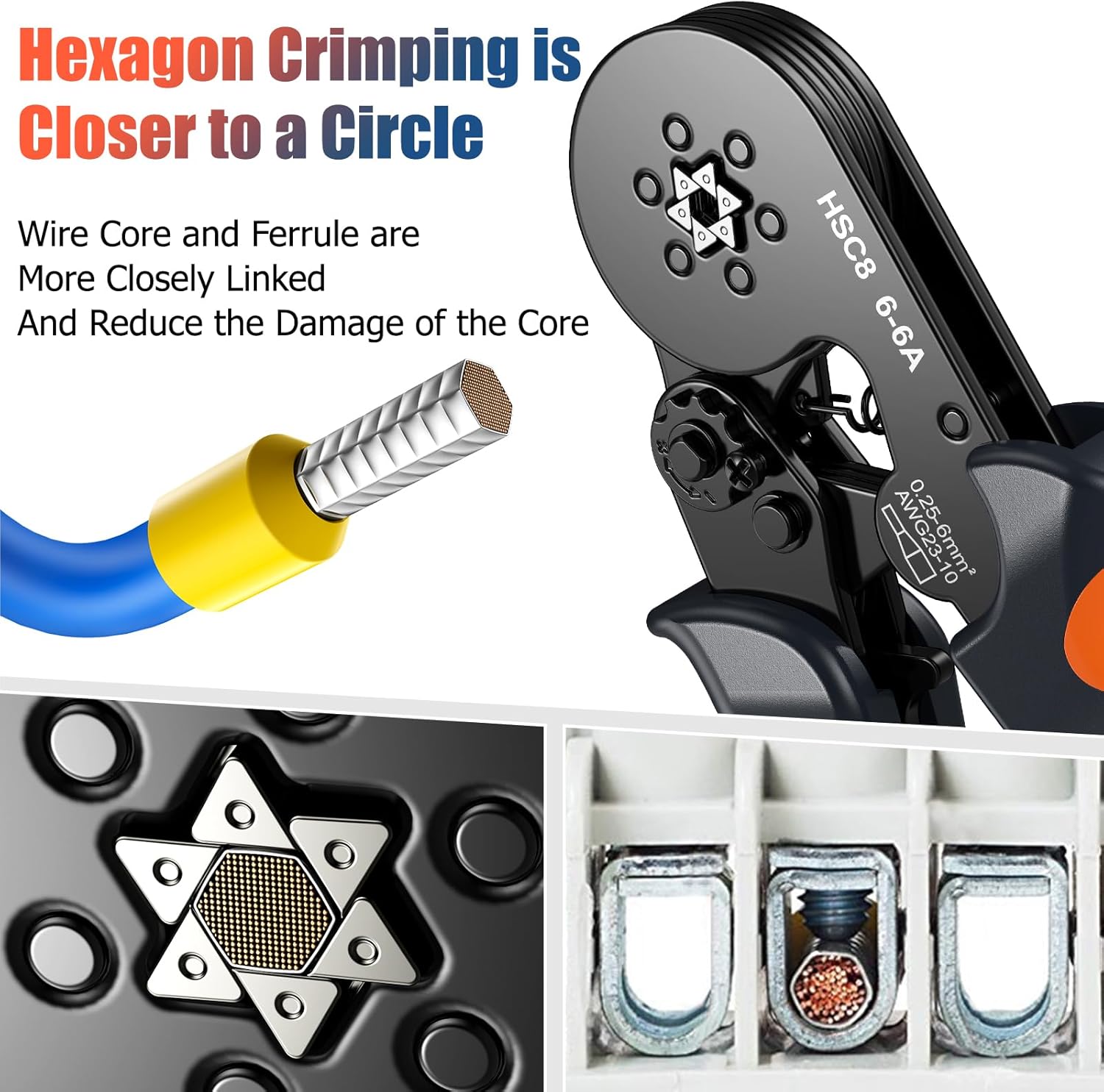 Ferrule Crimping Tool Kit with 1900PCS Wire Connectors, Preciva Hexagonal AWG23-10 Sawtooth Self-Adjustable Ratchet Wire Terminals Crimper Kit - Image 4