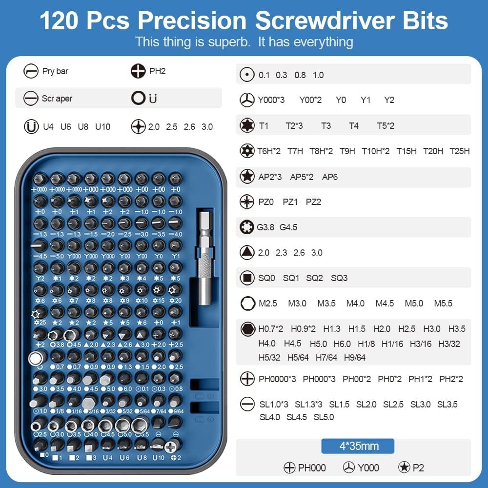 Precision Screwdriver Set 130 in 1 with 120 bits Repair Tool Kit Magnetic Screwdriver Kit with mini built-in box for Electronics iPhone Jewelers Game Console (130-IN-Blue)