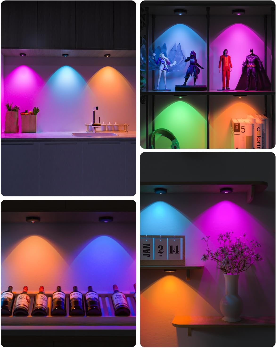WILLED Rechargeable RGB Puck Lights with Remote Control, 1200mAh Battery Operated Tap Lights, Dimmable Touch Under Cabinet Lighting, Wireless Push Lights, LED USB Shelf Light (6 Pack) - Image 3