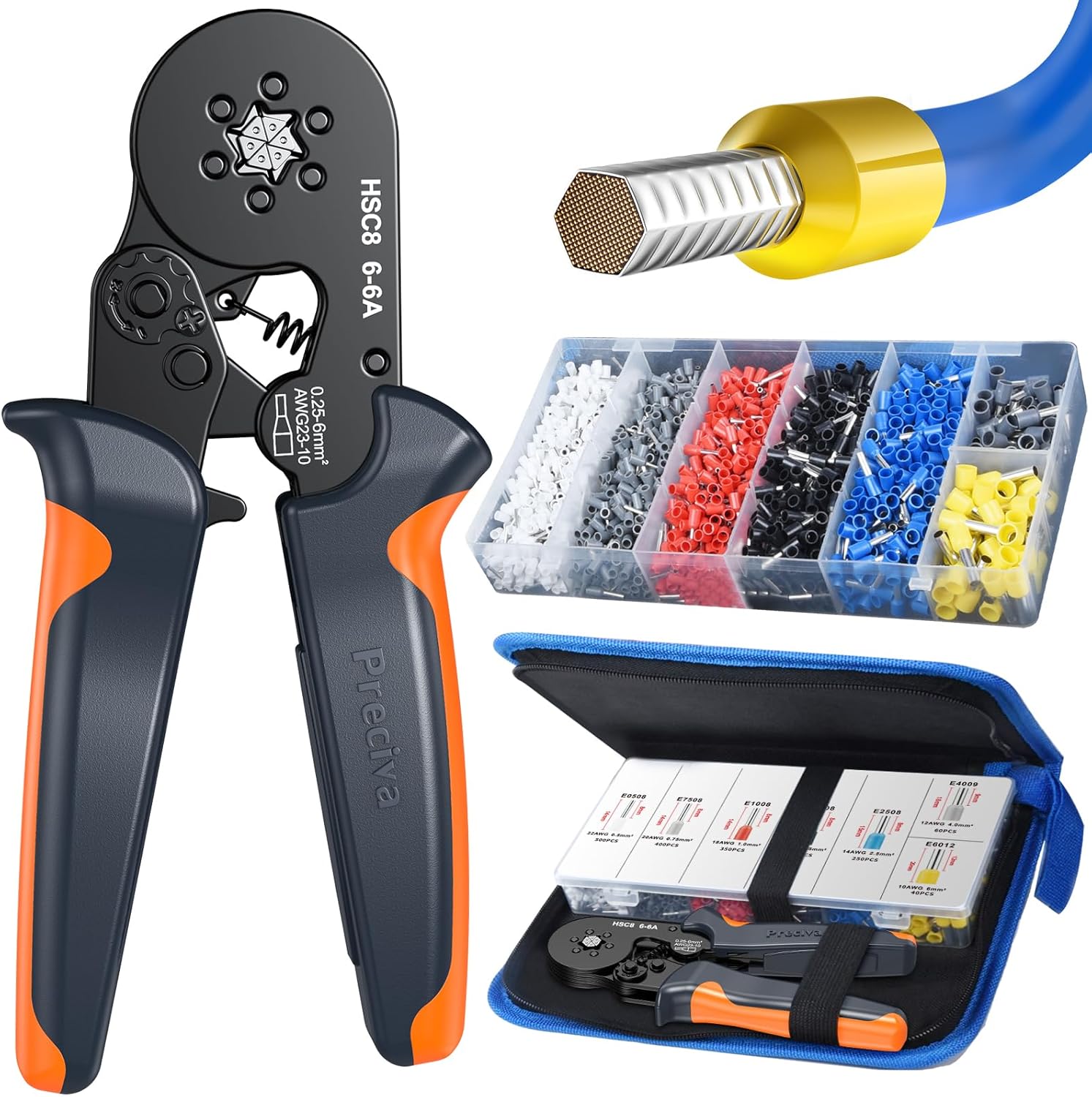 Ferrule Crimping Tool Kit with 1900PCS Wire Connectors, Preciva Hexagonal AWG23-10 Sawtooth Self-Adjustable Ratchet Wire Terminals Crimper Kit
