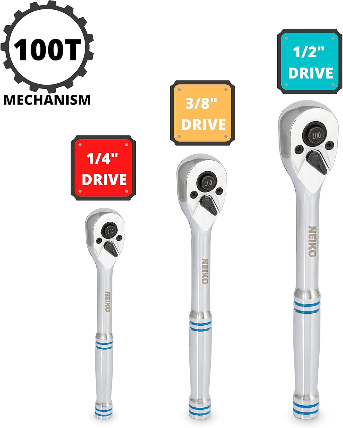 Neiko 03000A 100-Tooth Quick-Release Ratchet-Wrench Set, 1/4-Inch-, 3/8-Inch-, and 1/2-Inch-Drive Ratchets, 3.6-Degree Swing, CrMo Steel, 3-Piece Set - Image 3