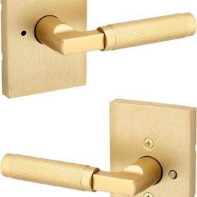 Kwikset Prava Interior Privacy Door Knurled Handle with Lock, Door Lever for Bathroom and Bedroom, Satin Brass, Reversible Keyless Push Button Lock Door Lever, with Microban Protection