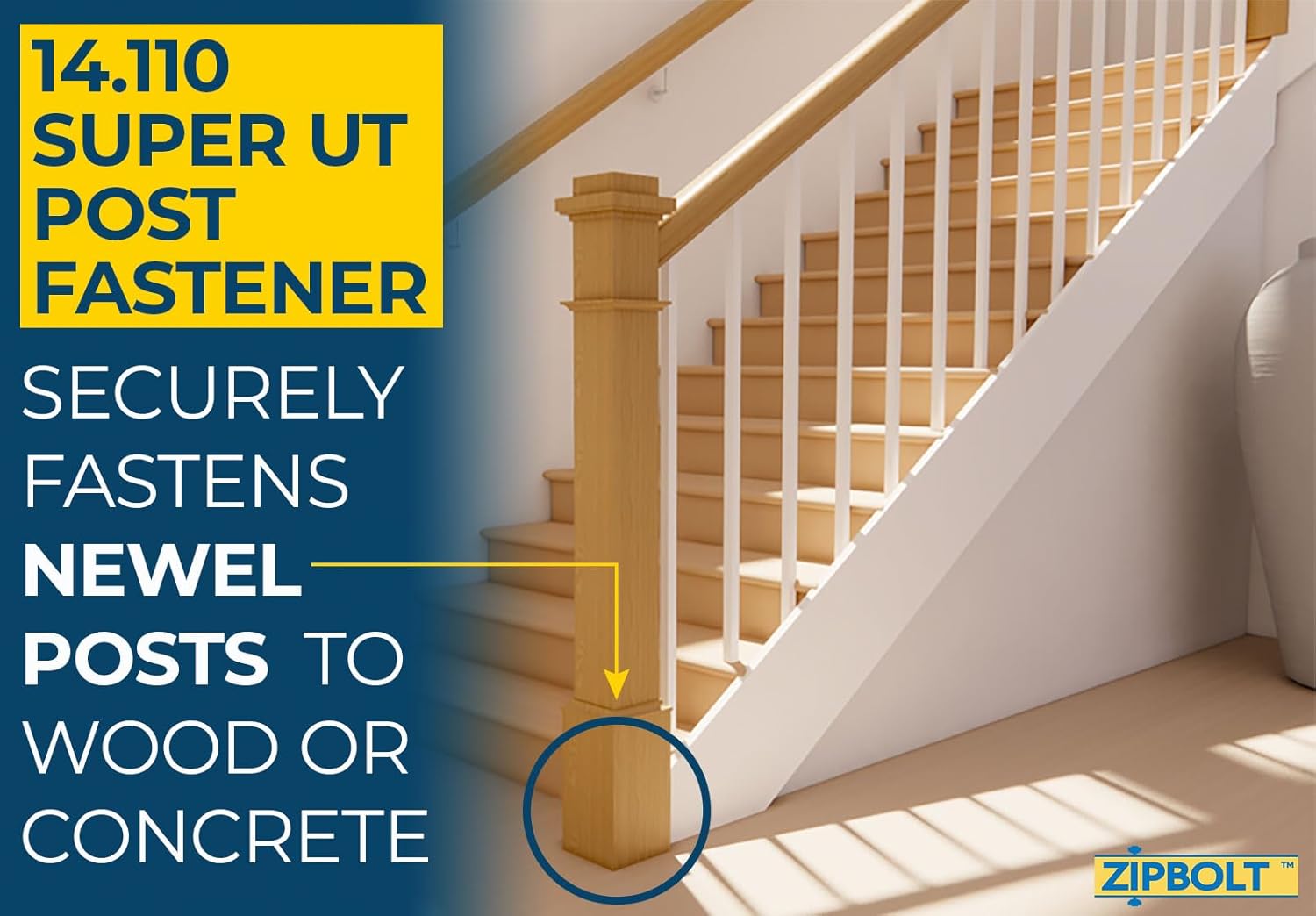 Zipbolt 14.110 Super UT Newel Post Fastener ? Quick and Easy Wrench-Free Installation of Staircase Newel Posts, Anchors Post Directly to Wood or Concrete Floor ? 1 Pack - Image 2