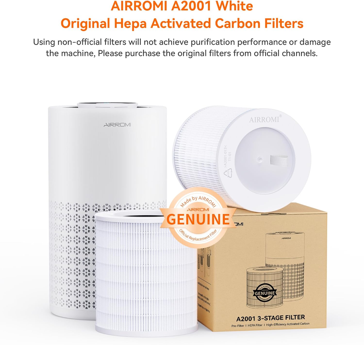 AIRROMI A2001 HEPA Air Purifier Replacement Filter, 3-In-1 Original Filter, Remove 99.97% of 0.3 Micron Particle 1 Pack White Activated Carbon - Image 2