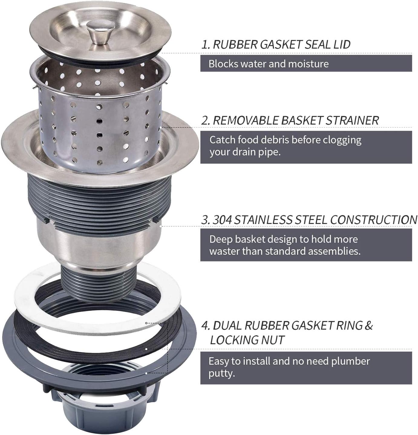 3-1/2 Inch Sink Drain Assembly Kit, Removable Deep Sink Strainer Basket with Sink Stopper/Sealing Lid for Home, Kitchen, Stainless Steel - Image 6