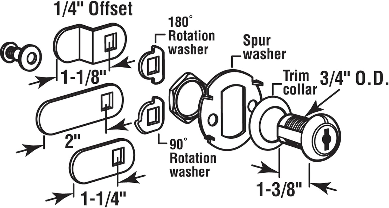 Prime-Line U 9950KA Diecast Keyed Alike Drawer and Cabinet Lock ? 3 Cams, Trim Collar, 2 Washers, 2 Keys and Fasteners ? 1-3/8 in. Length for 1 in. Max Panel Thickness, Stainless Steel (1 Set) - Image 2