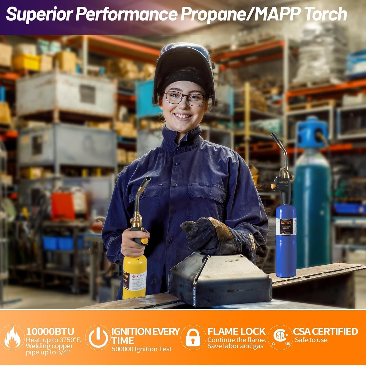 High Intensity Propane Torch Head Fuel by Propane,MAPP,MAP PRO,Turbo Torch Kit,Welding Torch,Trigger Start Mapp Gas Torch Kit with Igniter,Propane torch,Blow Torch(CSA Certified, Fuel Not Included) - Image 2