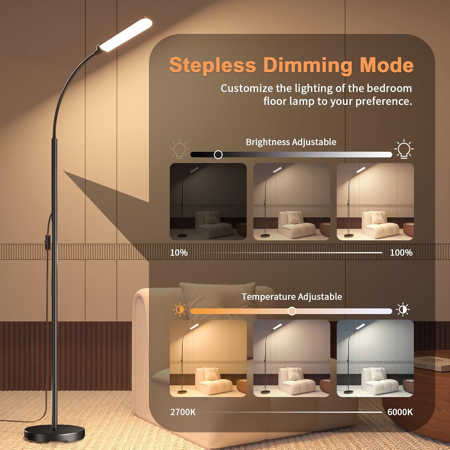 Floor Lamp, Bright 18W LED Standing Lamps for Living Room, Remote Stepless Adjustable Color and Brightness Dimmable with ON/Off Switch, Gooseneck Reading Lights for Bedroom Office, 1300LM Black - Image 3