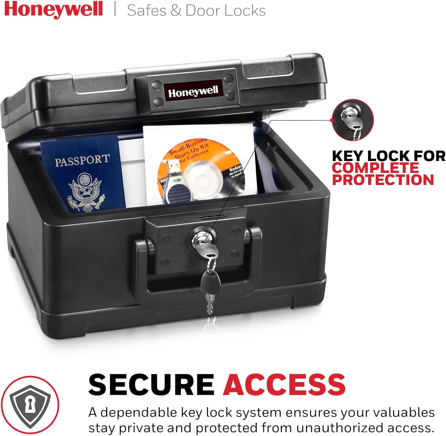 Honeywell Safes & Door Locks - Small Safe Box Chest for Home - Fireproof Safe Holds #10 Envelopes, USB Flash - Strong ABS Plastic - Document, Money Safe with Key Lock System - 0.15 CU, Black - 1101 - Image 4