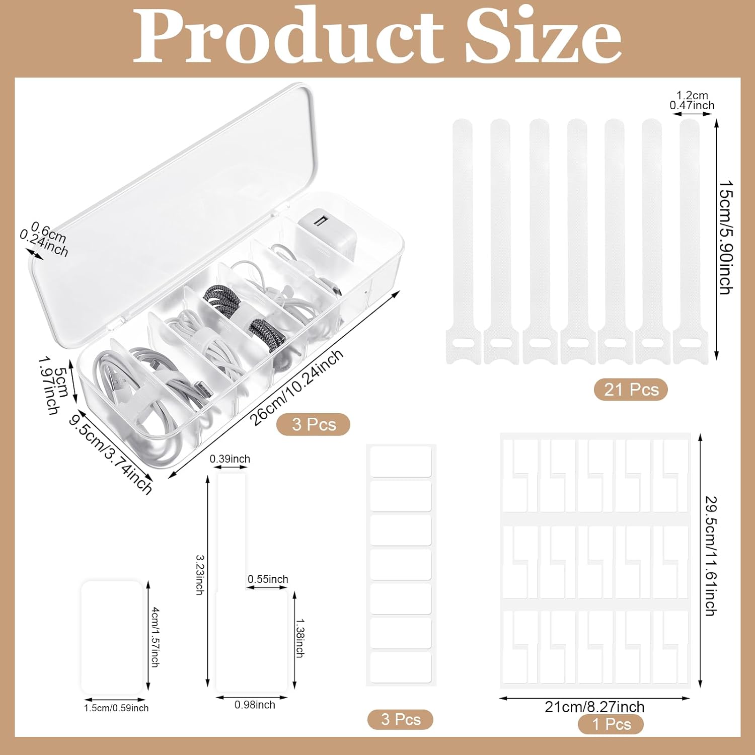 Cable Organizer Box with Lid, 3 Pcs Cable Cord Storage Organizer Box with 21 Wire Ties 54 Cable Labels, 7 Compartments Charger Organizer for Office Drawer Desk Accessories Case - Image 2